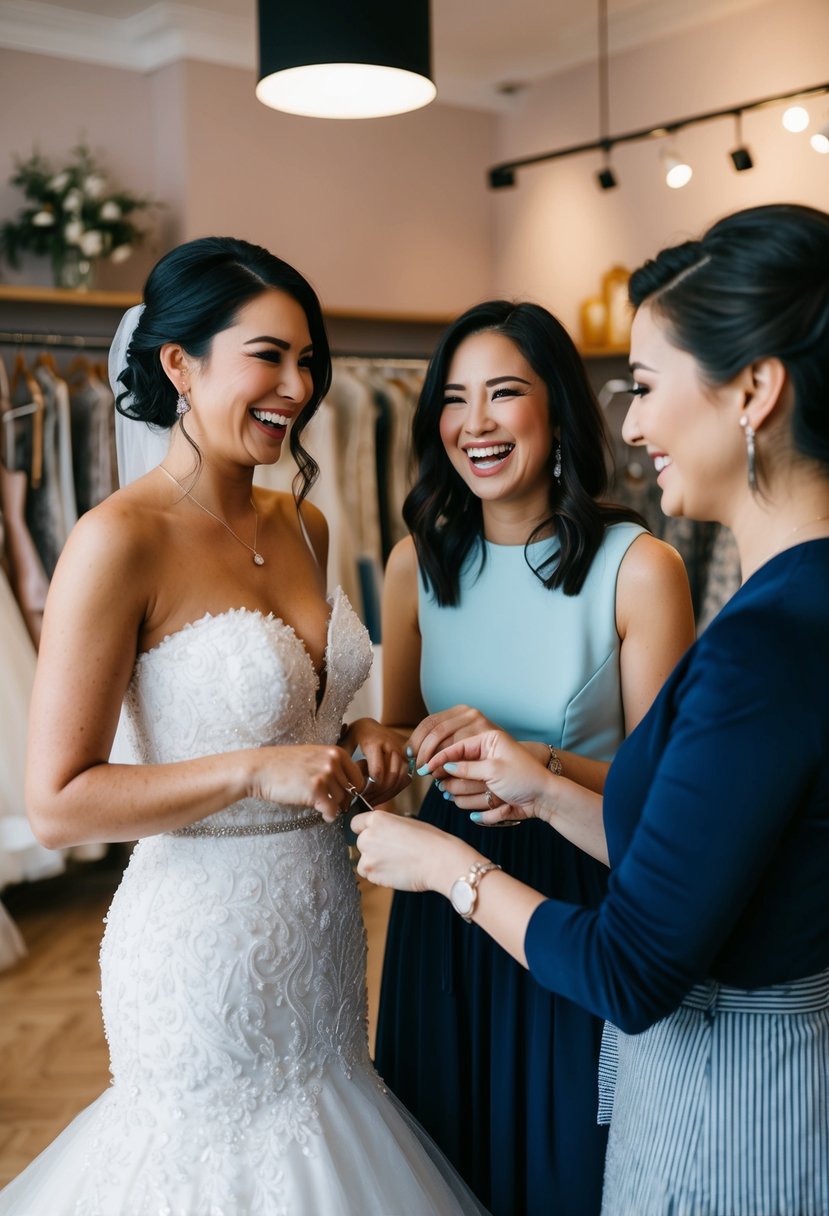 Two friends chatting and laughing in a cozy bridal boutique as a seamstress pins a wedding dress for alterations