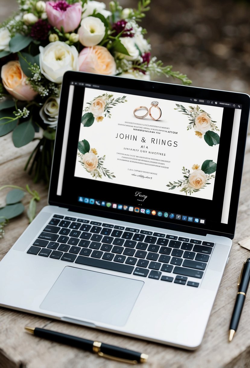 A laptop displaying a digital invitation design with wedding rings and floral elements, surrounded by a bouquet and a pen