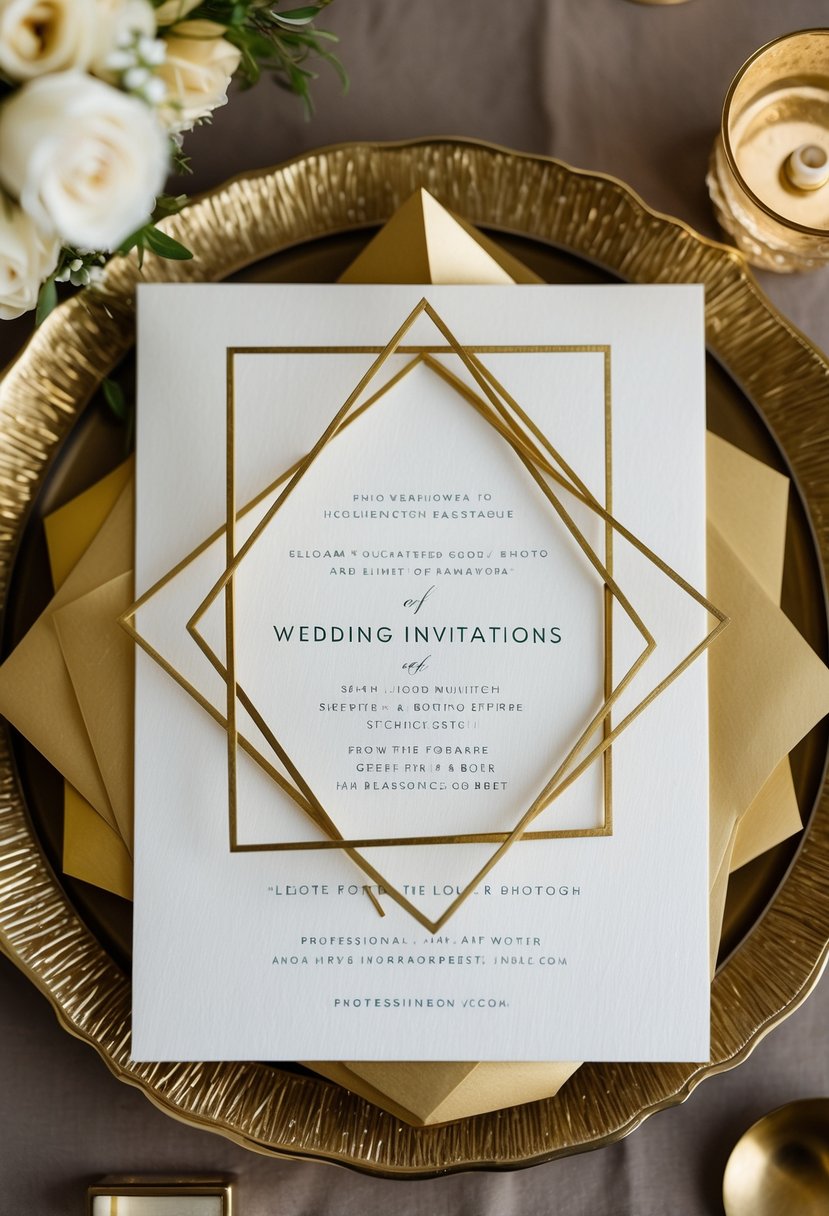 Golden geometric shapes intertwine on elegant wedding invitations