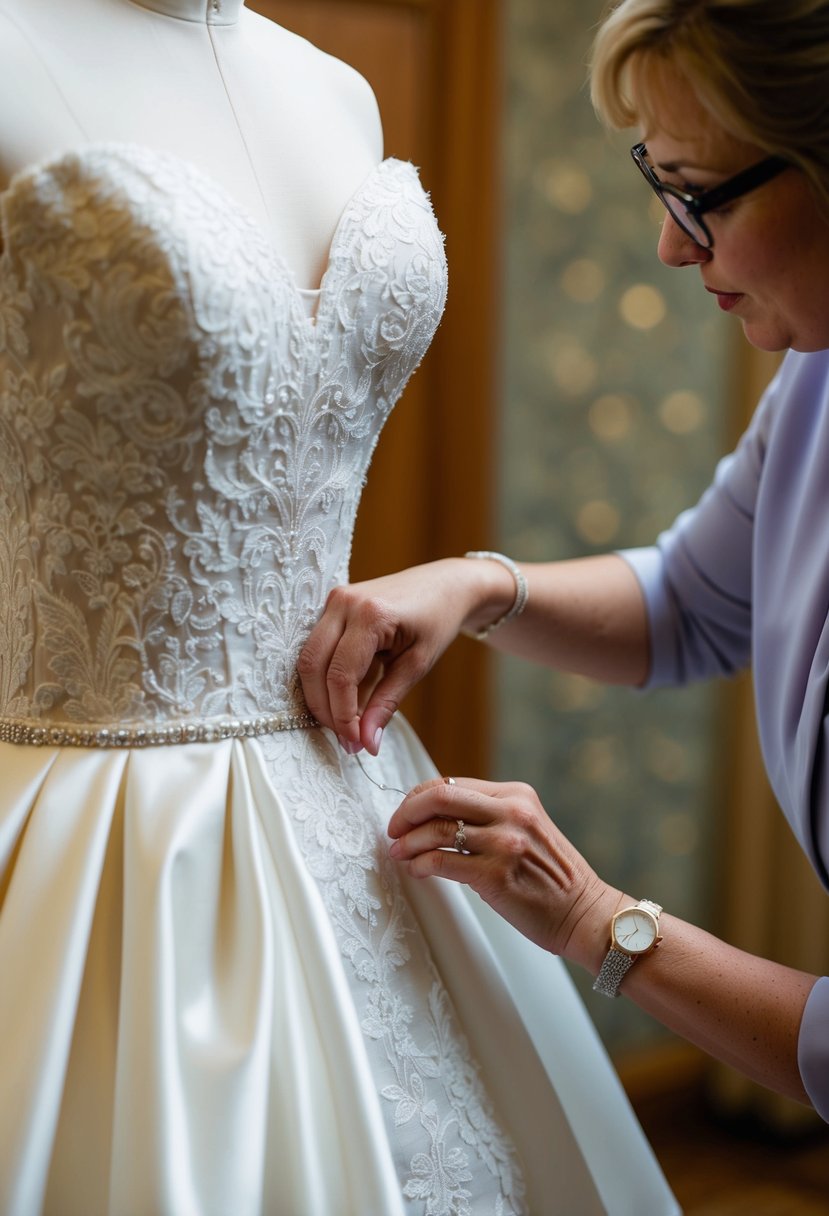 A seamstress adding matching fabric to a wedding dress, carefully stitching and blending the new panels seamlessly into the original design