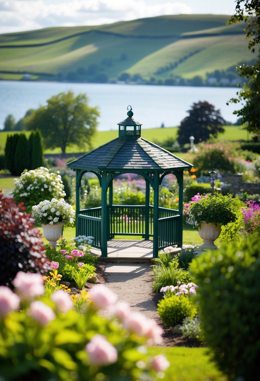 A quaint garden with blooming flowers and a charming gazebo, set against a backdrop of rolling hills and a serene lake