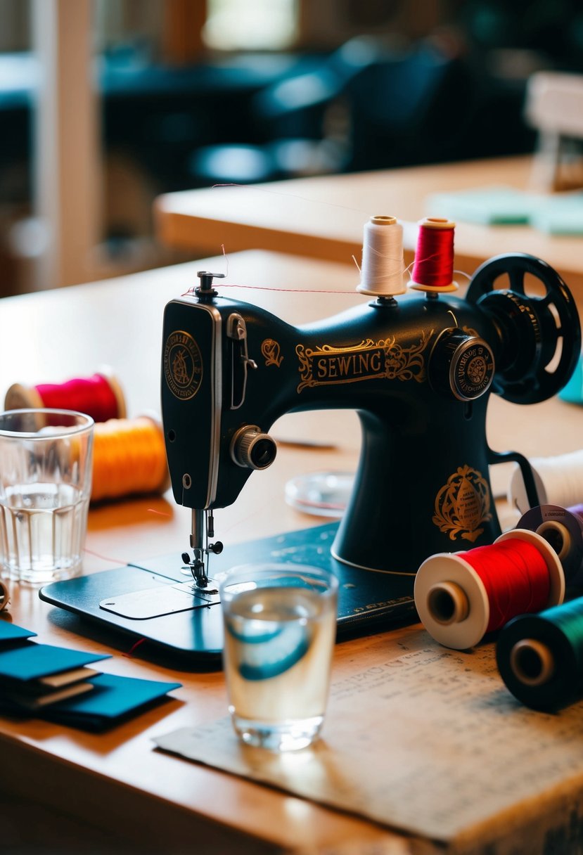 A sewing machine surrounded by spools of thread and a glass of water on a cluttered work table