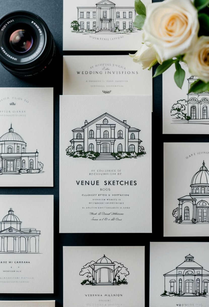 A collection of elegant venue sketches for wedding invitations