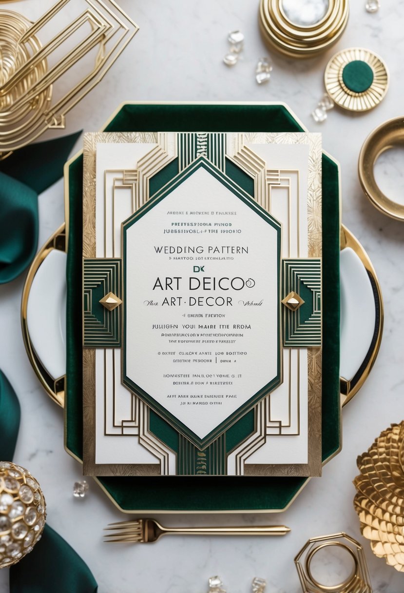 A luxurious Art Deco-inspired wedding invitation featuring geometric patterns, metallic accents, and elegant typography