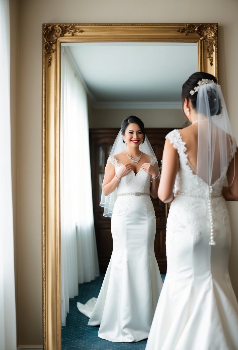 A bride stands in front of a full-length mirror, wearing a wedding dress and trying on different accessories such as a veil, necklace, and earrings