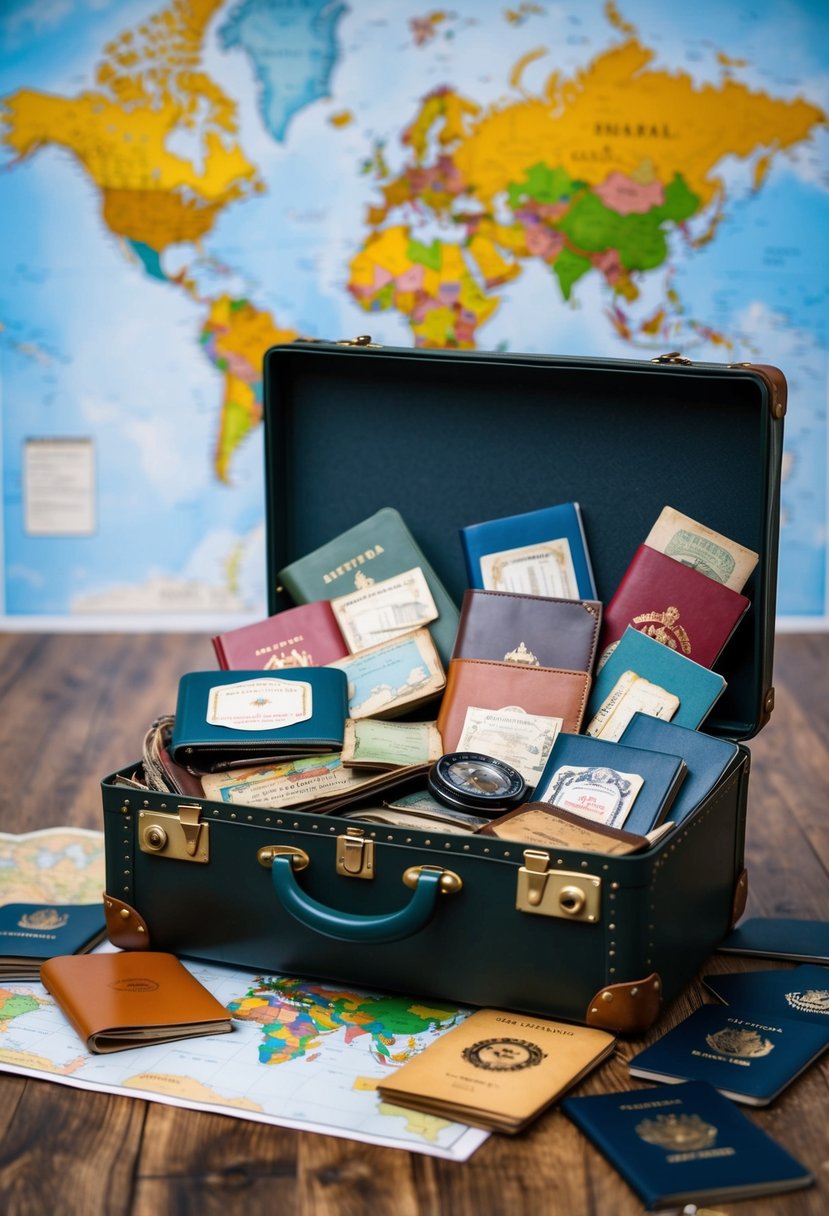 A vintage suitcase overflowing with travel memorabilia, surrounded by a world map and a collection of old passports