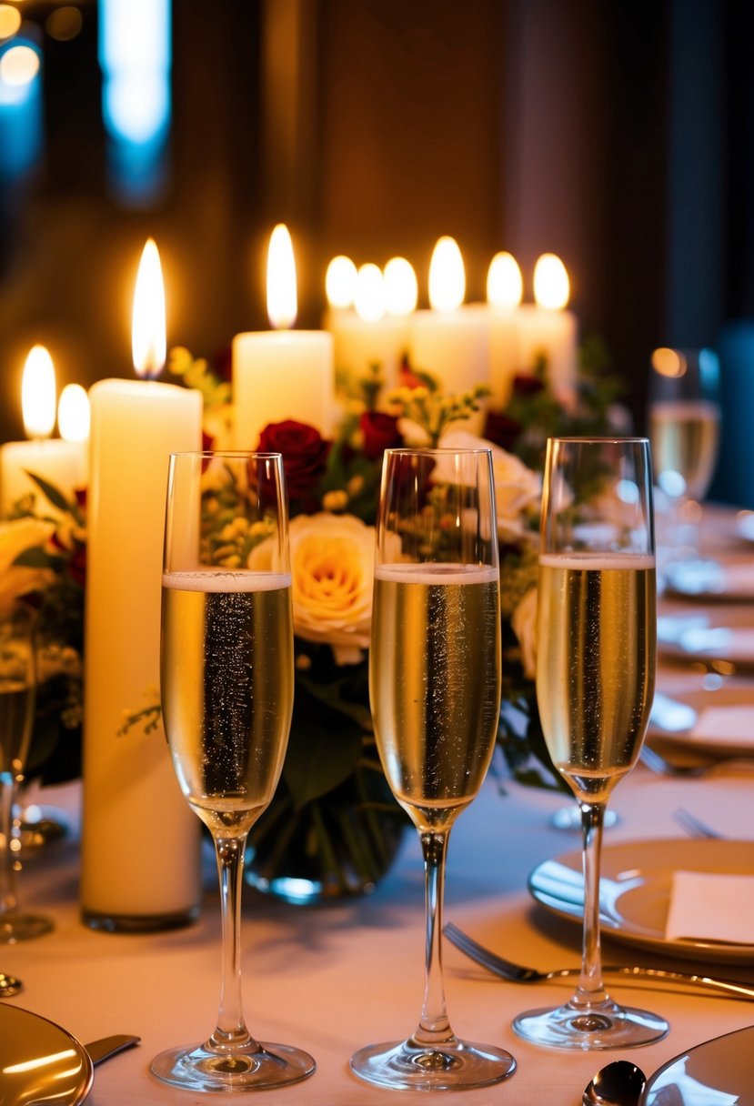 A candlelit dinner table with champagne glasses and a bouquet of flowers