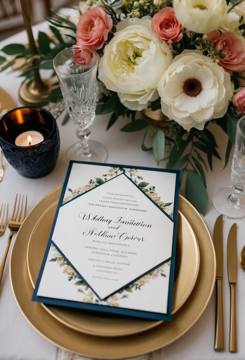 A table with elegant wedding invitation designs, surrounded by flowers and decorative elements