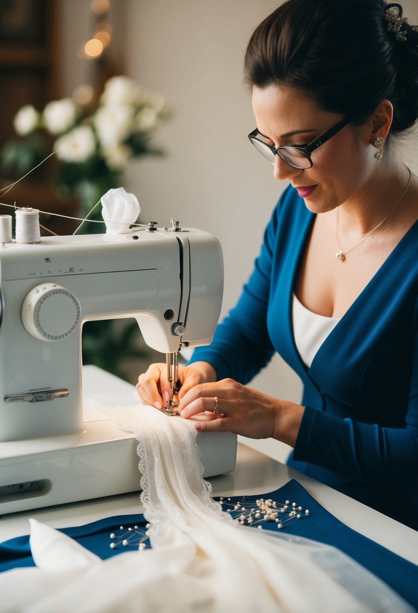 A seamstress working on a wedding dress, with pins, fabric, and a sewing machine on a table