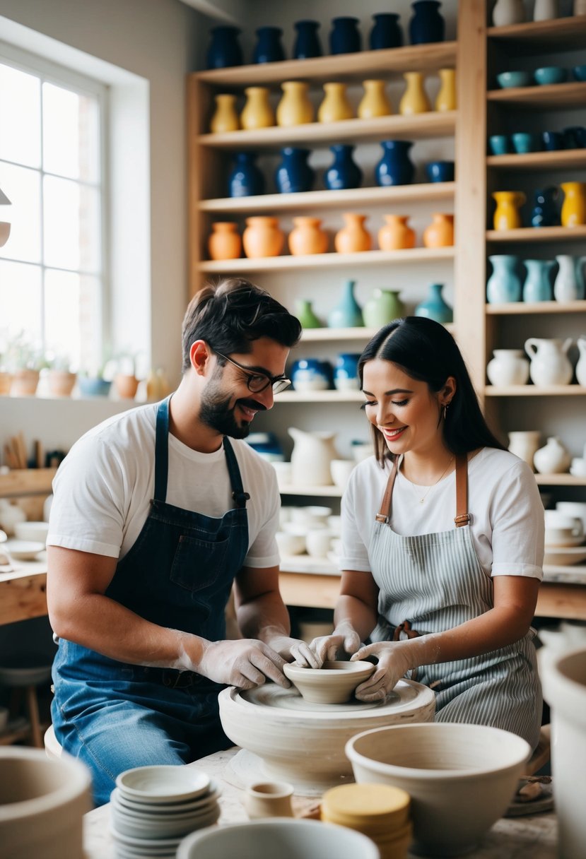 A couple sits at a pottery wheel, shaping clay together in a cozy studio filled with shelves of colorful ceramics