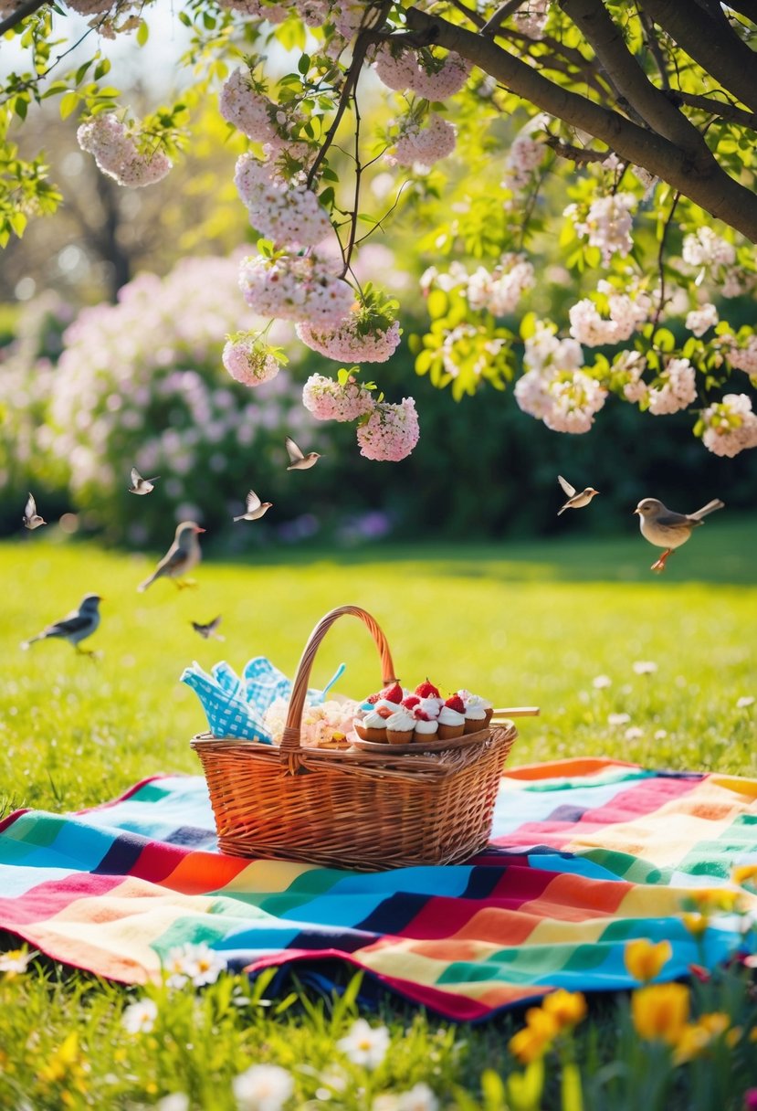 A colorful picnic blanket laid out under a shady tree, surrounded by blooming flowers and chirping birds. A wicker basket filled with delicious treats sits in the center