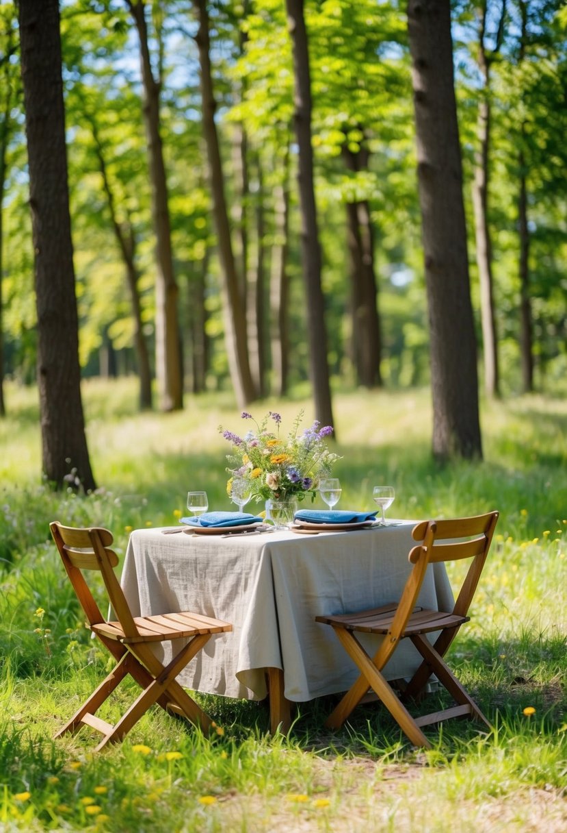 A picnic in a sun-dappled forest clearing, with a rustic wooden table set for two and a bouquet of wildflowers as a centerpiece