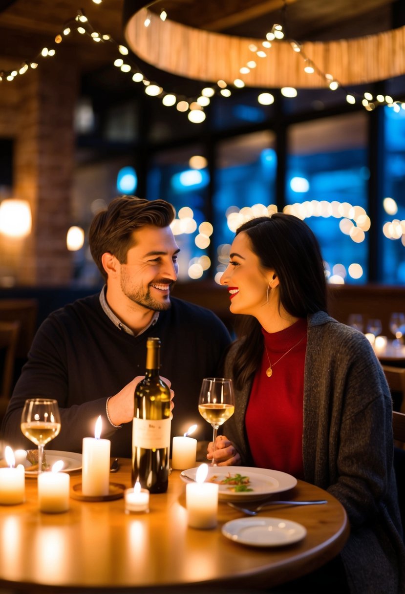 A couple sits at a candlelit table in a cozy restaurant, surrounded by twinkling lights and soft music. They share a bottle of wine and gaze into each other's eyes, smiling and laughing