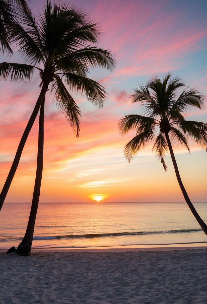 A serene beach at sunset, with palm trees swaying in the breeze and a colorful sky reflecting on the calm ocean