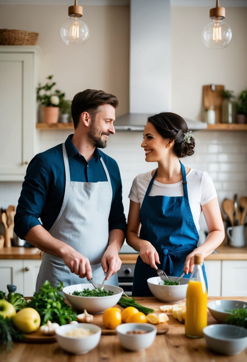 A couple stands side by side in a cozy kitchen, surrounded by fresh ingredients and cooking utensils. They work together to prepare a meal from scratch, celebrating their wedding anniversary