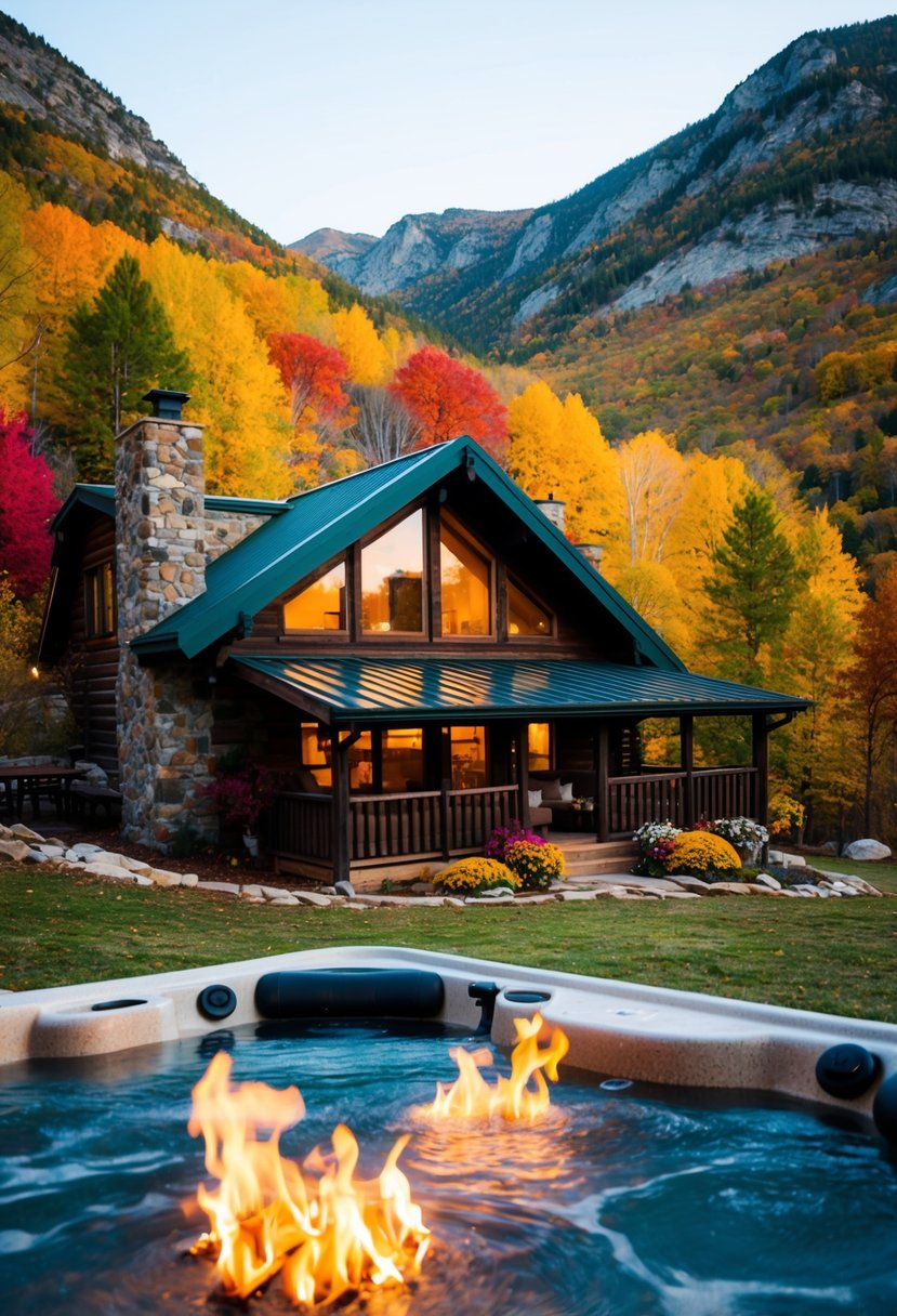 A cozy cabin nestled in the mountains, surrounded by colorful fall foliage. A bubbling hot tub and crackling fire create a romantic atmosphere for a surprise wedding anniversary getaway