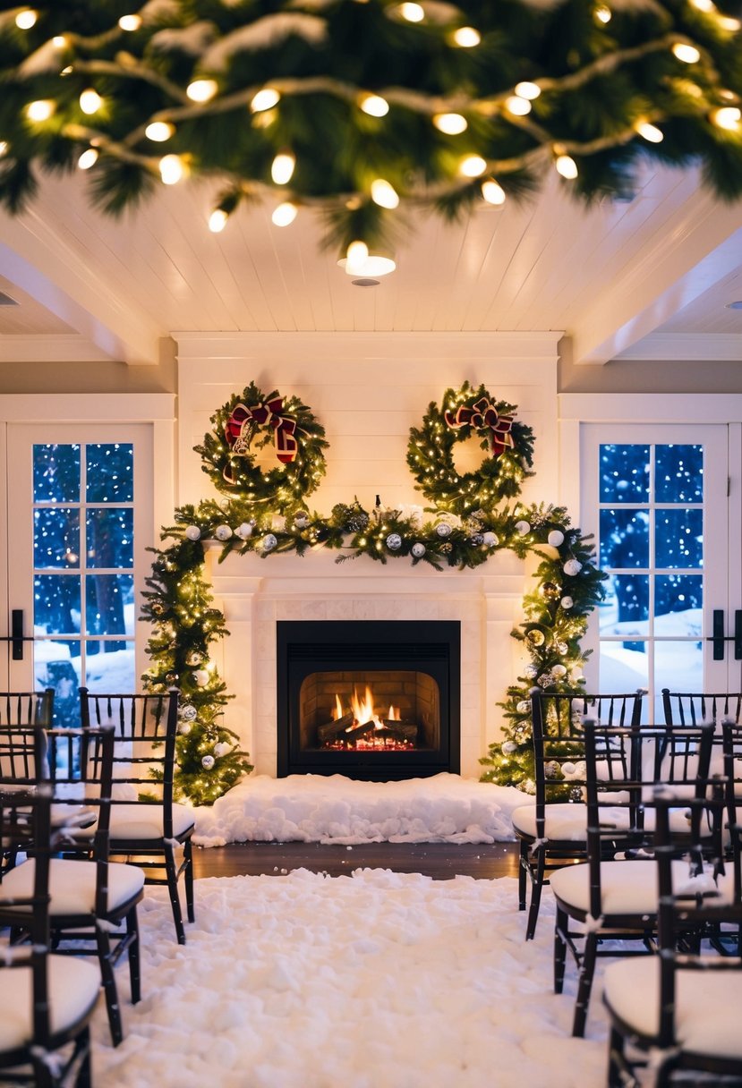 A snow-covered wedding venue adorned with festive decorations and twinkling lights. A cozy fireplace adds warmth to the romantic holiday setting