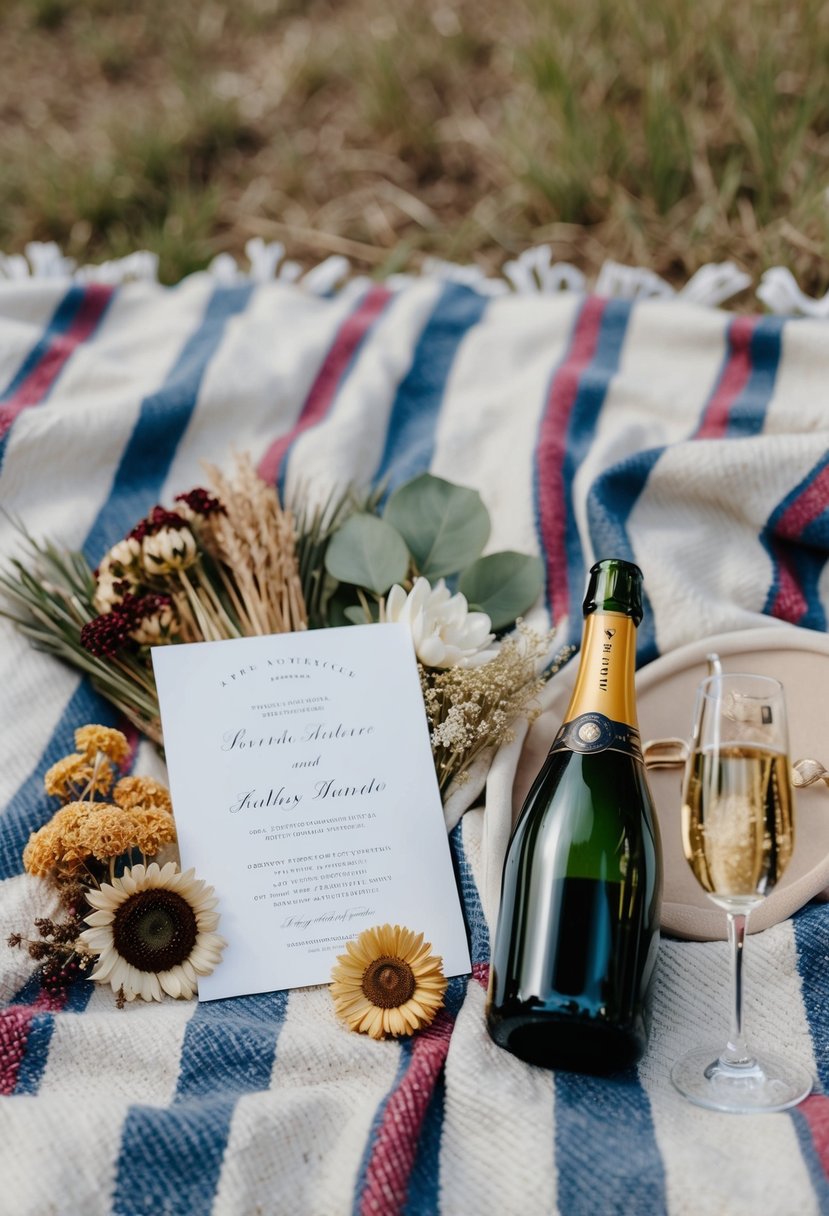 A picnic blanket spread with mementos: wedding invitation, dried flowers, and a bottle of champagne