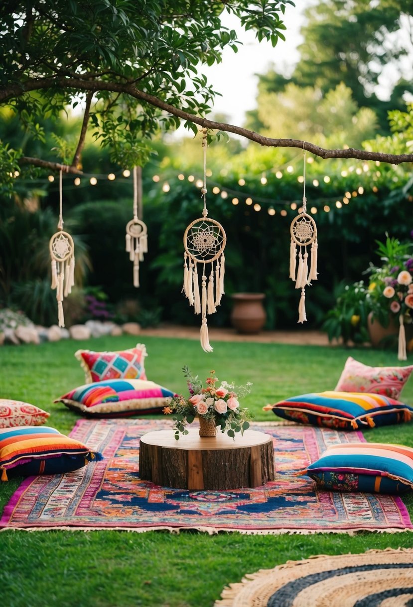 A bohemian wedding set in a lush garden with colorful, mismatched rugs, low seating, and dreamcatchers hanging from trees