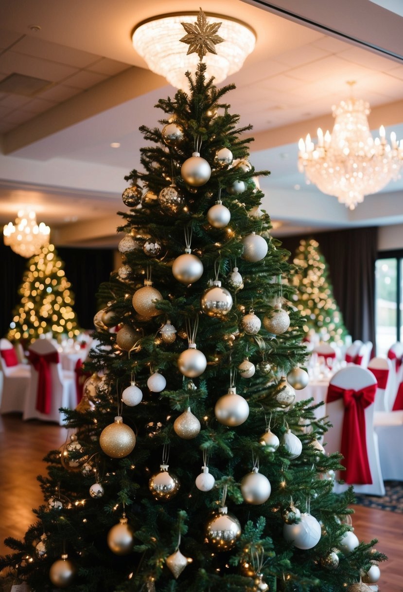 Christmas trees and ornaments adorn the wedding venue, creating a festive and joyful atmosphere