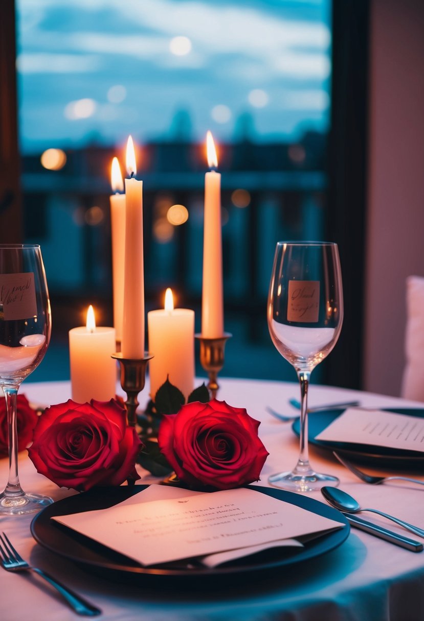 A table set for two with candlelight, roses, and love letters exchanged