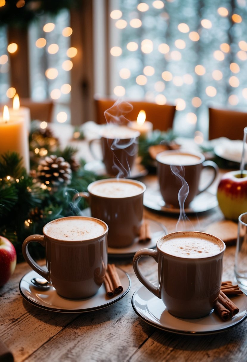 A cozy winter wedding scene with steaming mugs of hot chocolate and apple cider on a festive table