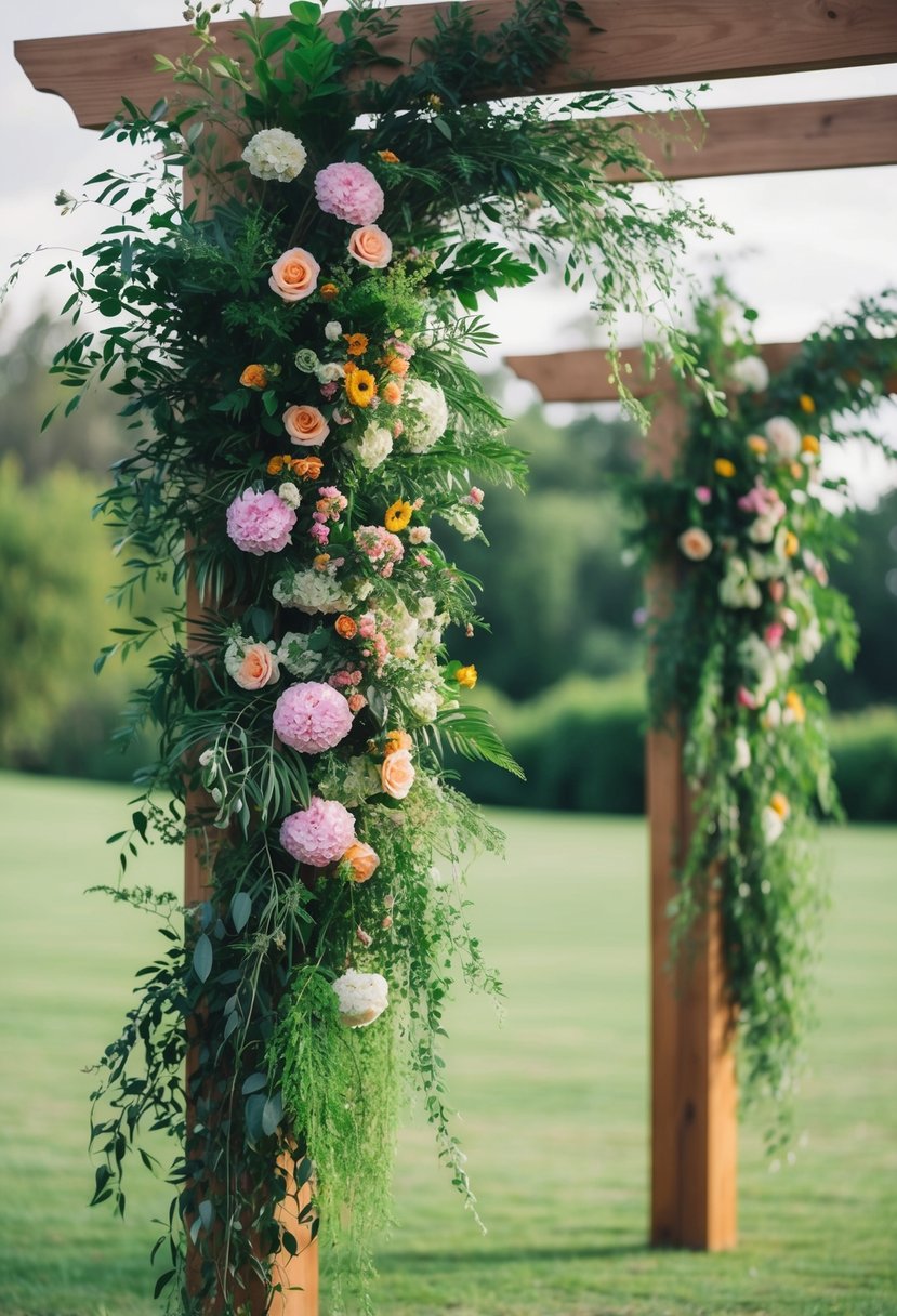 Lush greenery cascades from wooden arches, intertwining with colorful blooms in a bohemian wedding setting