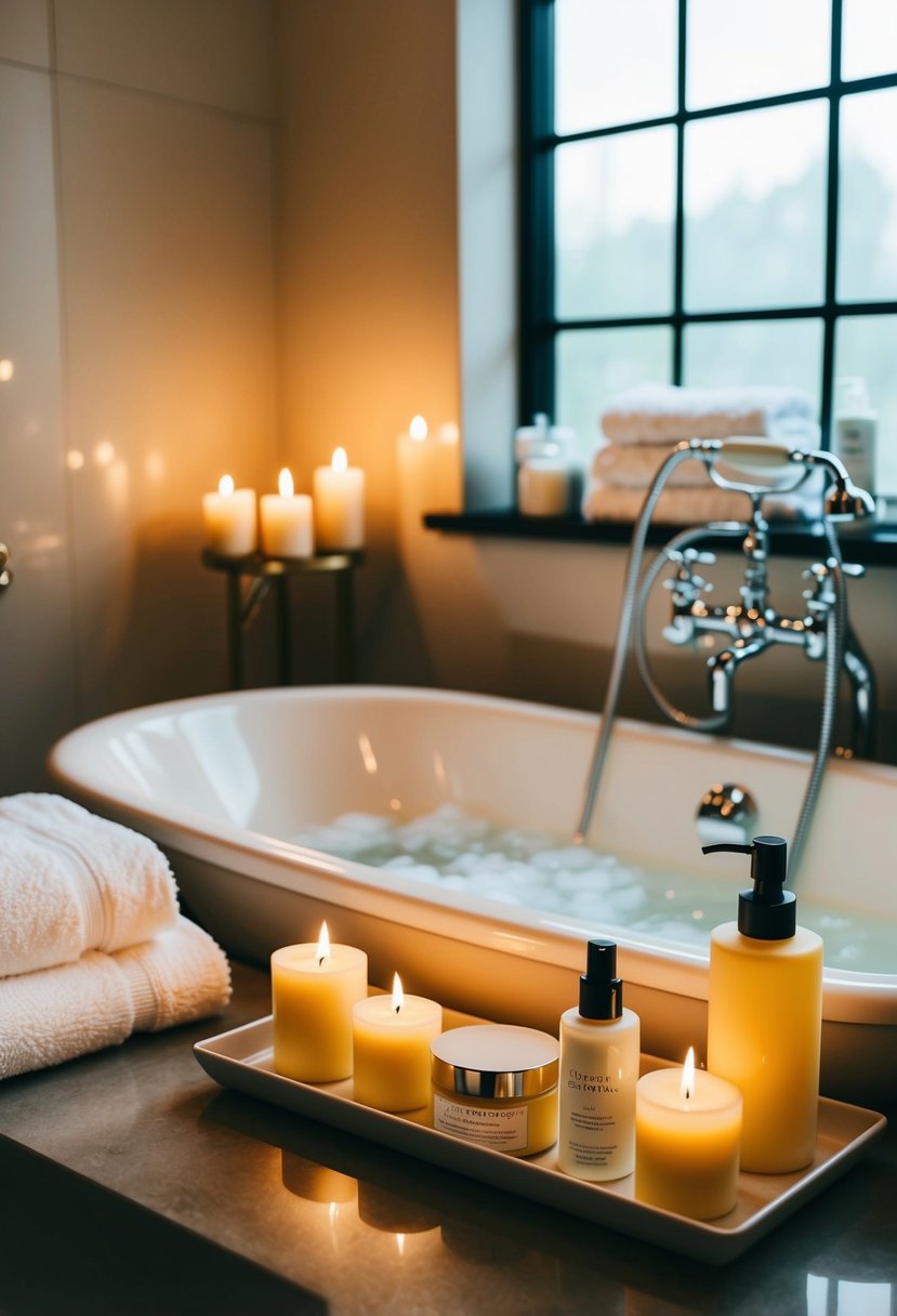 A cozy bathroom with flickering candles, a bubbling bathtub, fluffy towels, and a tray of luxurious skincare products