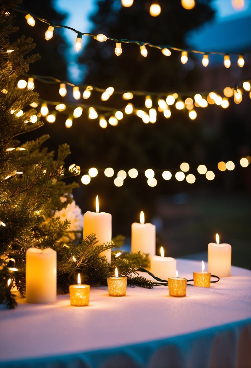 Twinkling string lights and candles illuminate a cozy Christmas wedding scene