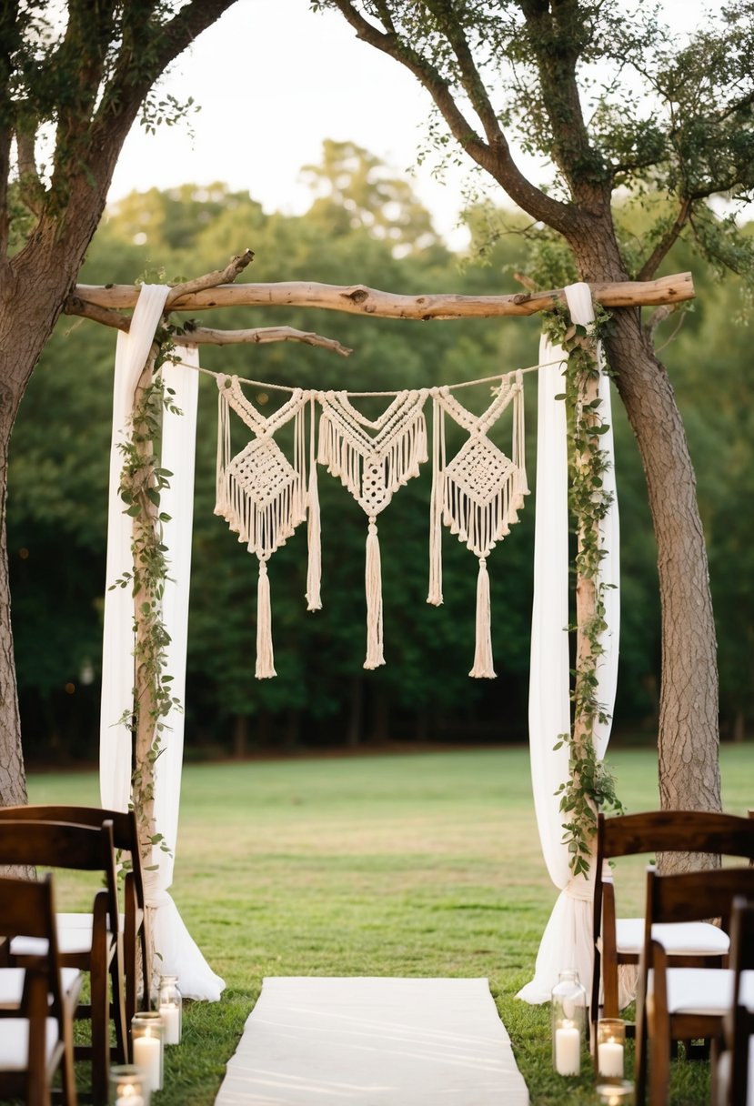 A cozy outdoor wedding with macrame decorations hanging from trees and adorning the ceremony arch, creating a bohemian and romantic atmosphere