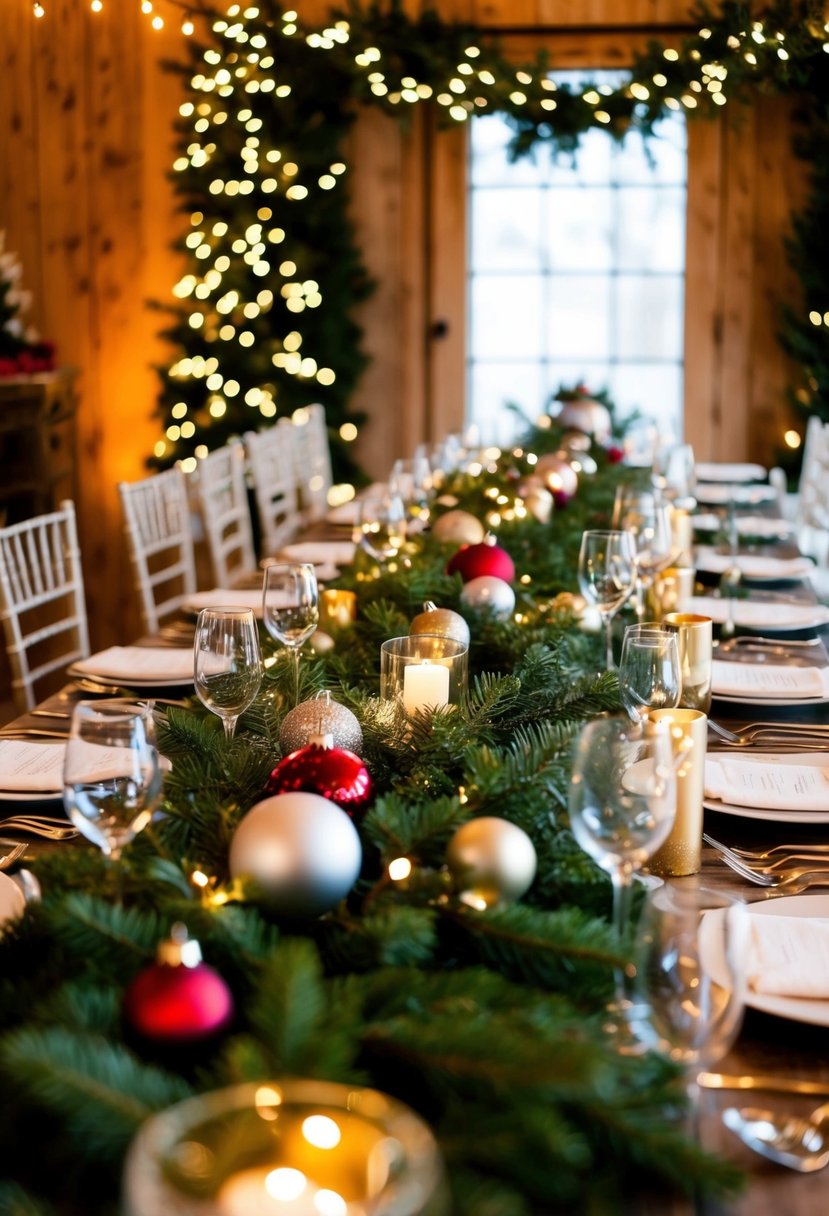 Evergreen garlands adorn tables, accented with twinkling lights and festive ornaments, creating a cozy and romantic atmosphere for a Christmas wedding