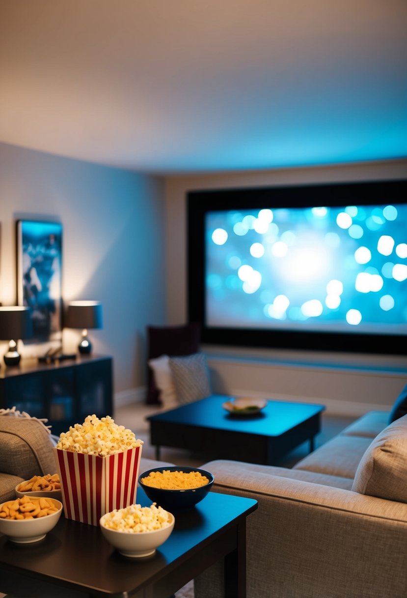 A cozy living room with a large screen and comfortable seating. Popcorn and snacks are on a table, and soft lighting sets the mood for a relaxing evening