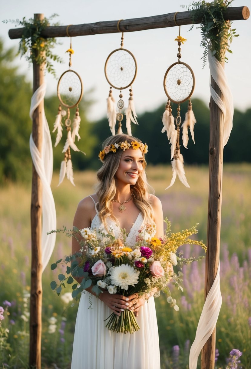 A whimsical outdoor wedding with bohemian decor, featuring wildflowers, dreamcatchers, and rustic wooden elements