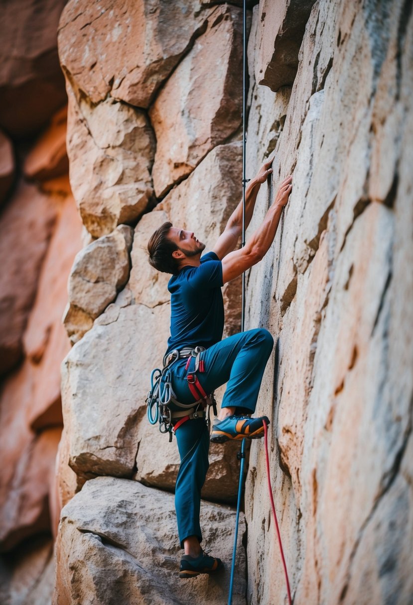 A climber scaling a rugged rock wall with determination and focus