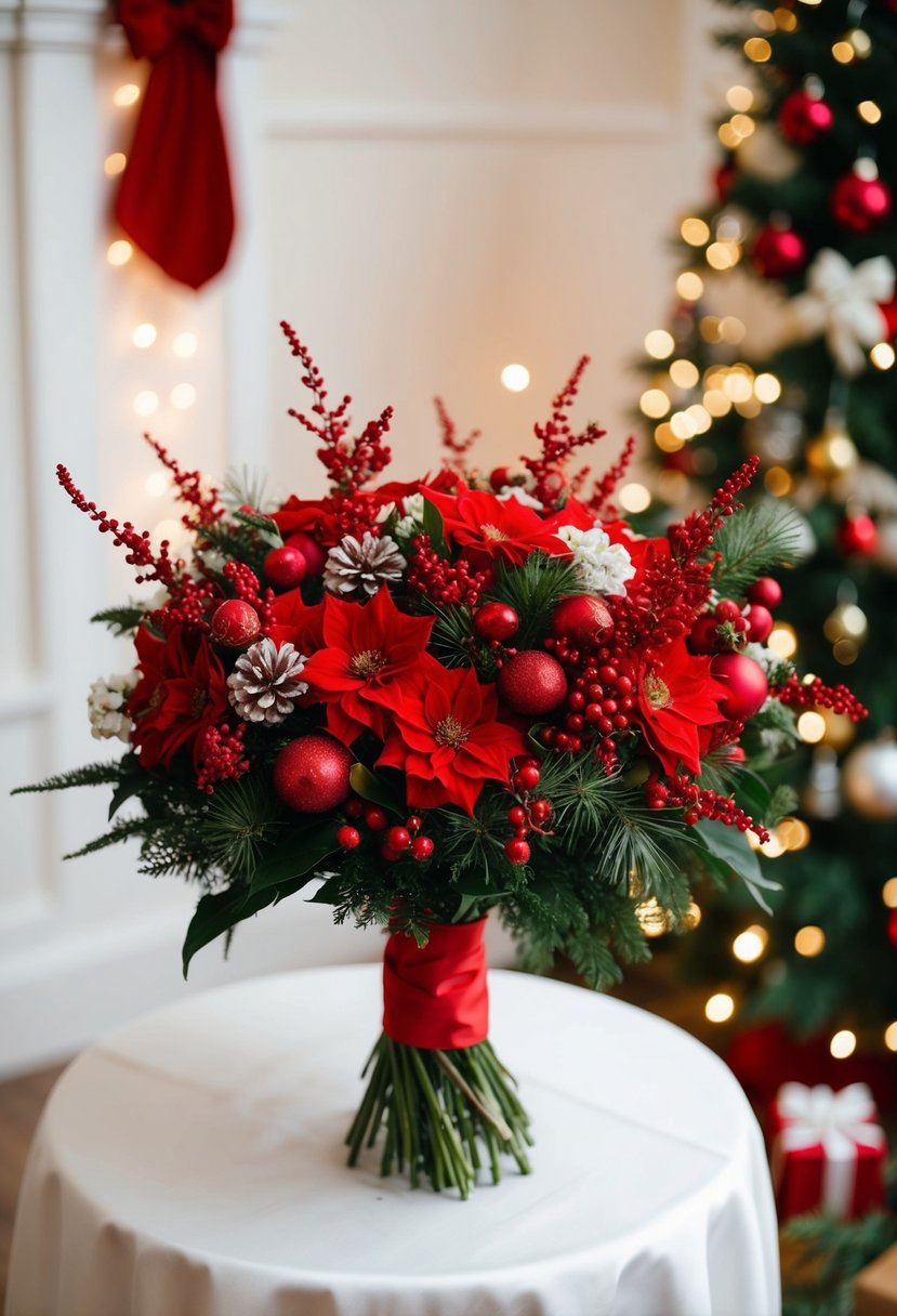 A festive Christmas wedding scene with a red bridal bouquet as the centerpiece