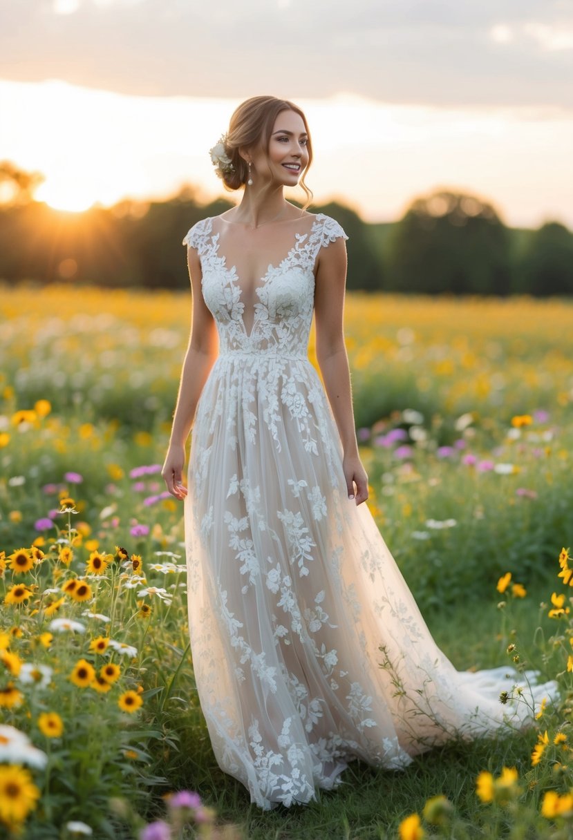 A bride stands in a field of wildflowers, wearing a flowing floral lace gown, with the sun setting behind her, creating an ethereal glow