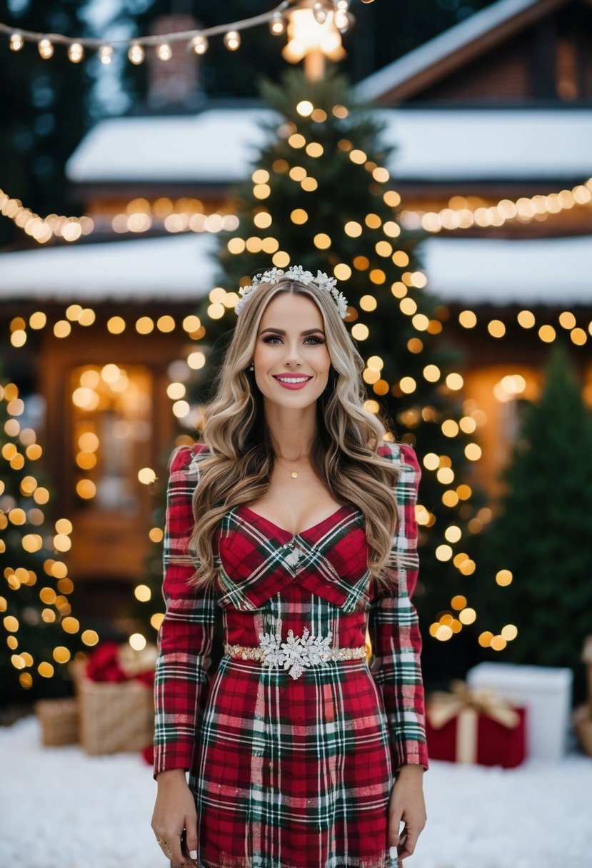 A cozy Christmas wedding with a chic plaid dress, twinkling lights, and a festive atmosphere