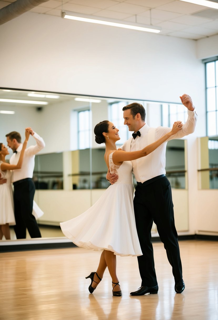 A couple gracefully waltzing in a spacious, sunlit dance studio. Mirrors line the walls, reflecting their joyful movements