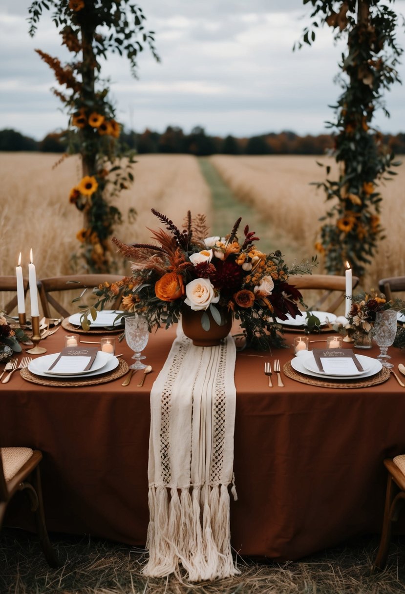 A bohemian wedding scene with terracotta accents, featuring rich fall colors and natural elements like flowers and foliage