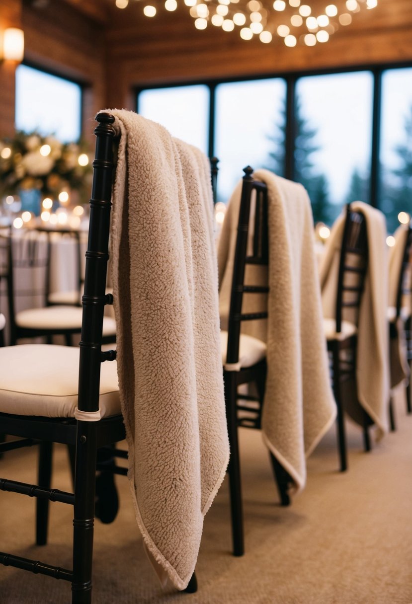 Cozy blankets draped over chairs at a winter wedding