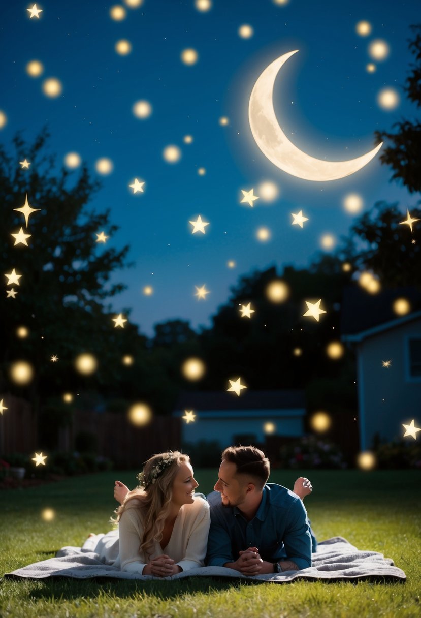 A couple lies on a blanket, surrounded by twinkling stars and a crescent moon, as they celebrate their wedding anniversary with a night of stargazing in their yard