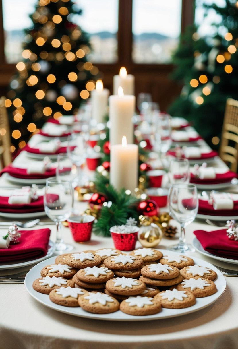 A festive table adorned with Christmas cookies, adorned with wedding-themed decorations