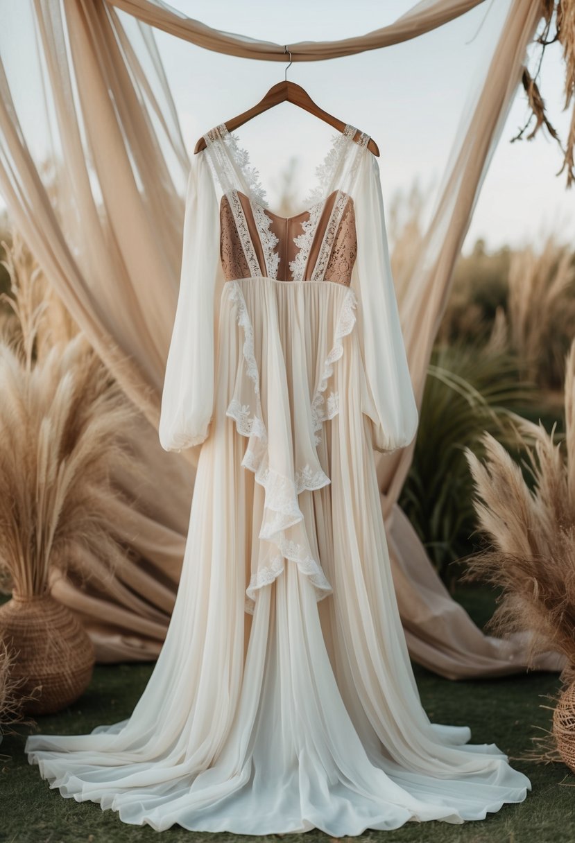 A flowing, bohemian wedding dress with delicate ruffles and lace details, set against a backdrop of wispy, airy fabrics and natural elements