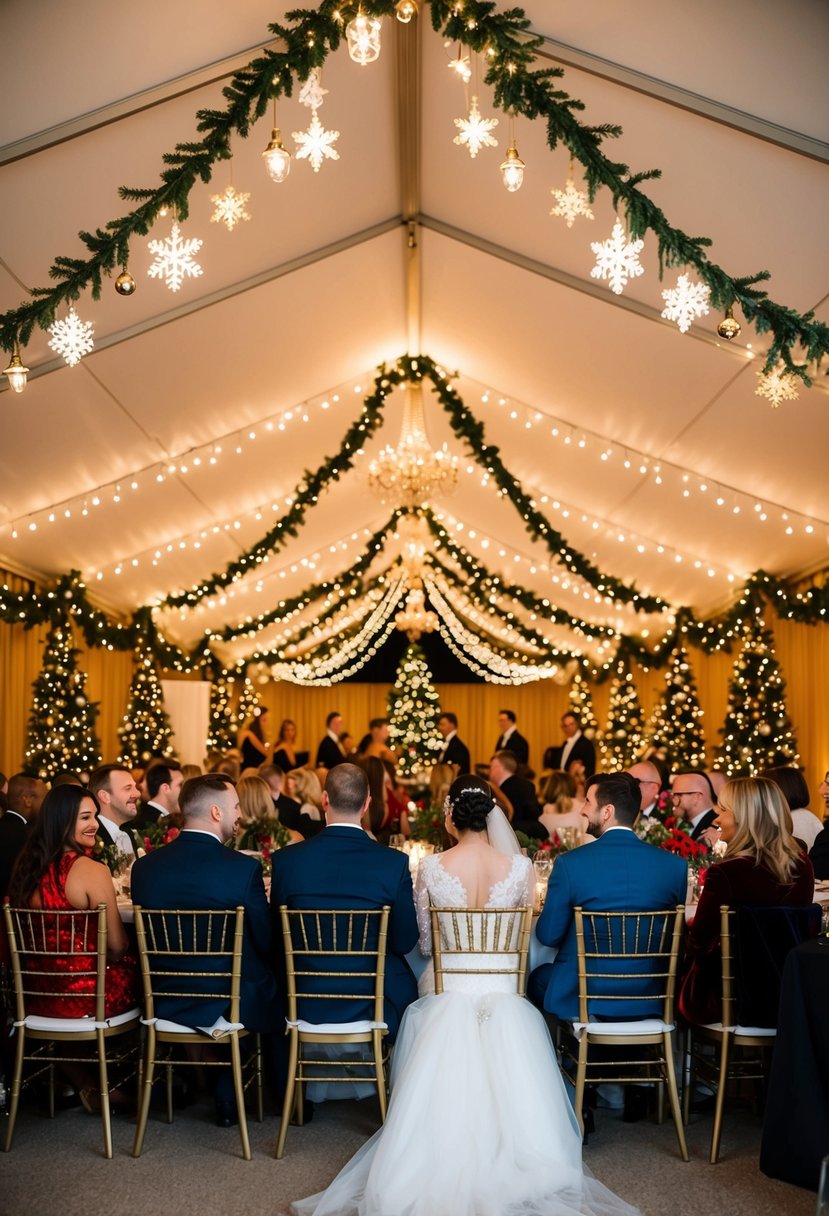 Guests seated at a festive Christmas wedding, surrounded by twinkling lights and holiday decorations, as cheerful Christmas music fills the air