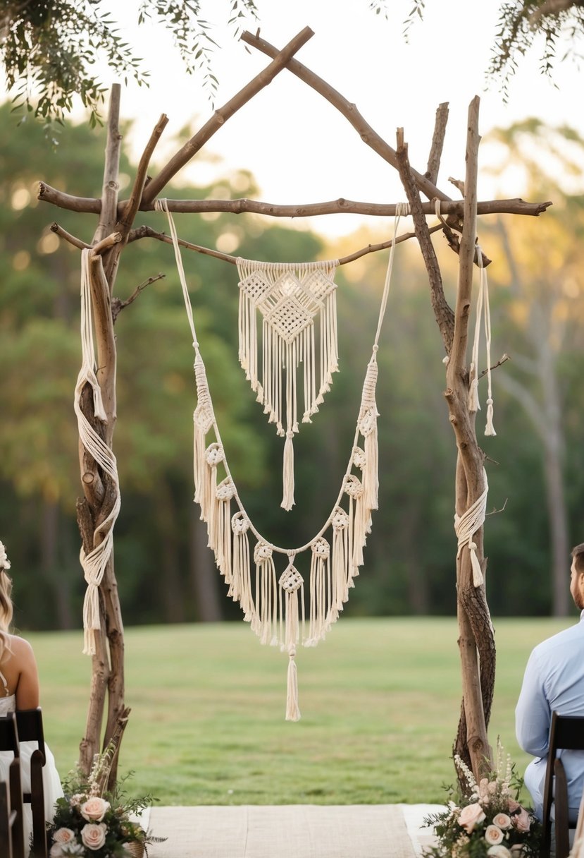 A geometric arch made of wooden branches and adorned with macramé hangs above a bohemian wedding ceremony