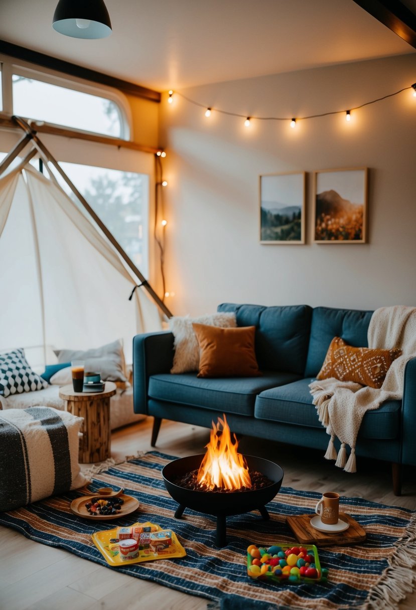 A cozy living room with a tent set up, string lights, and a faux fire pit. A picnic blanket with snacks and games spread out