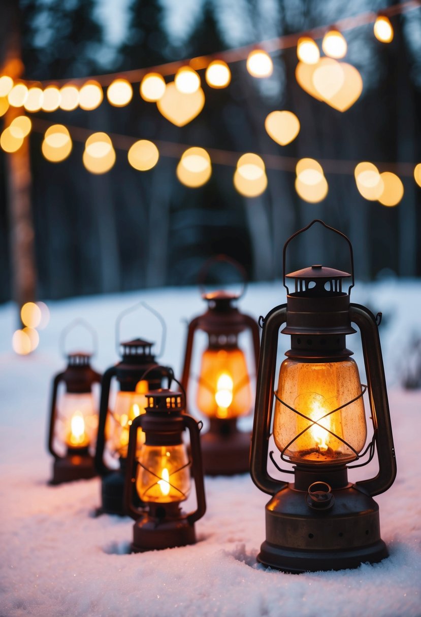 Rustic lanterns casting warm light on a winter wedding scene