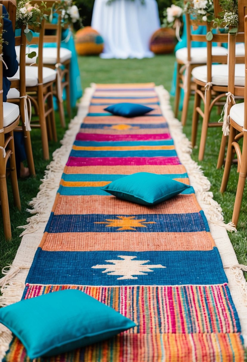 Colorful rugs and floor cushions line the aisles, creating a bohemian vibe for the wedding ceremony