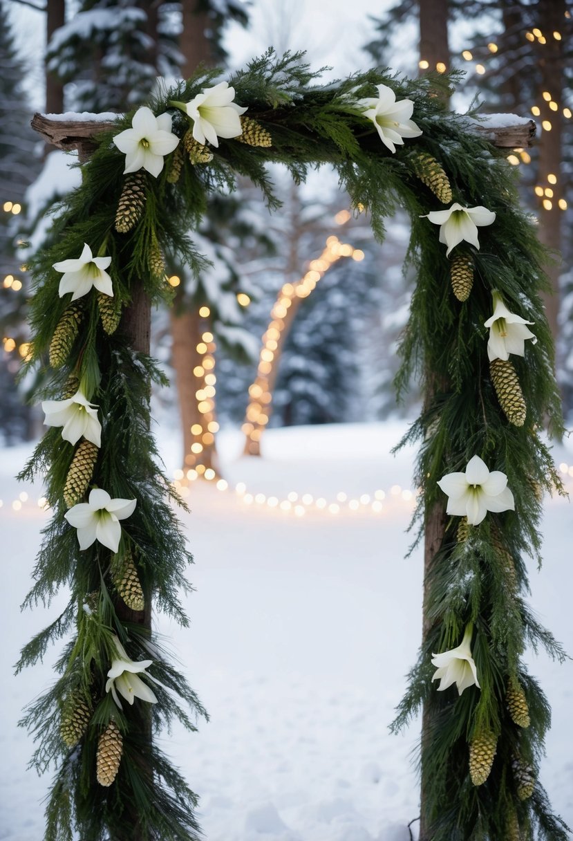 Amaryllis and pine wreaths adorn a rustic wedding arch, set against a backdrop of snow-covered trees and twinkling fairy lights