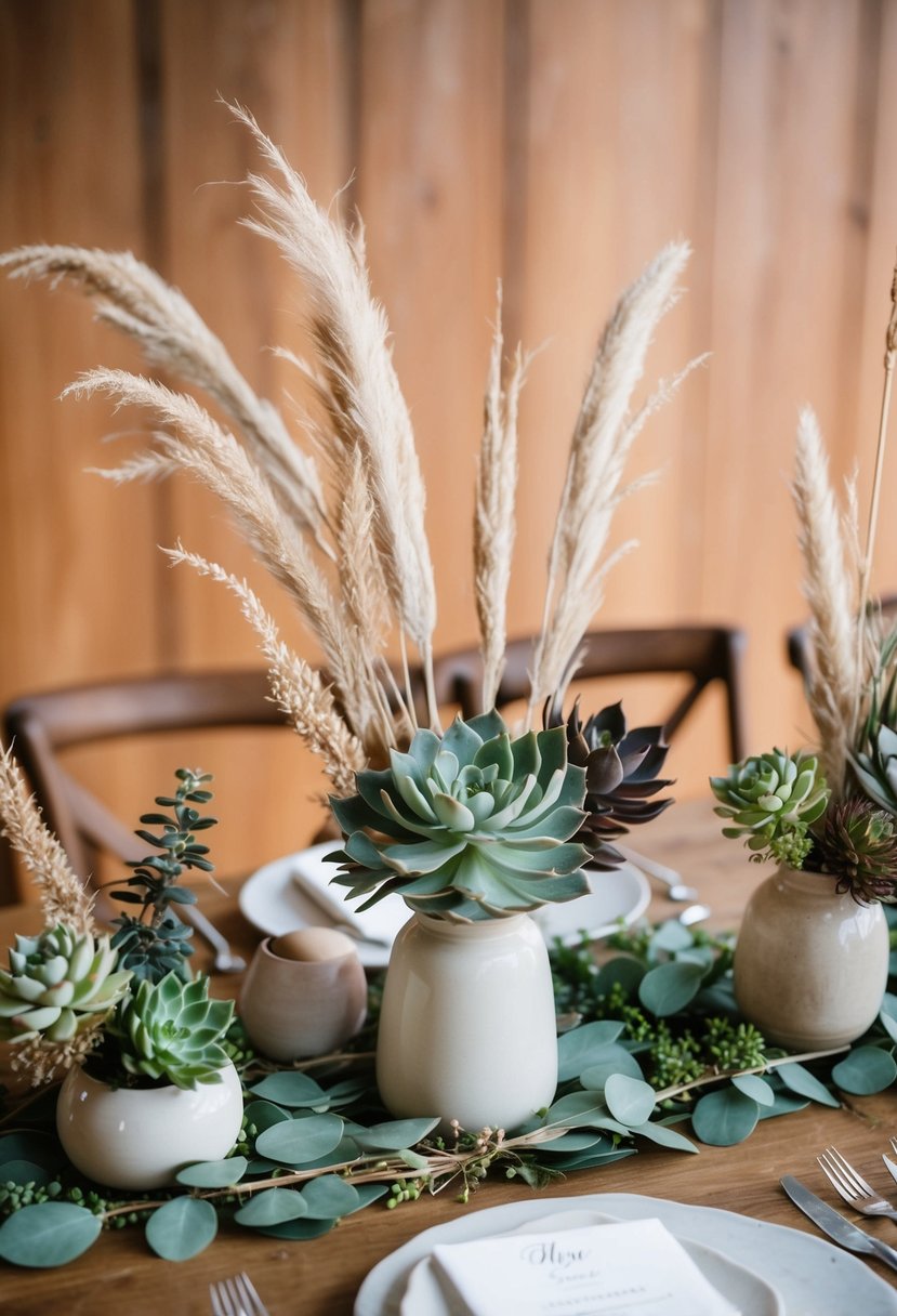 A table adorned with succulents and dried grasses, creating a natural and boho-inspired decor for a wedding